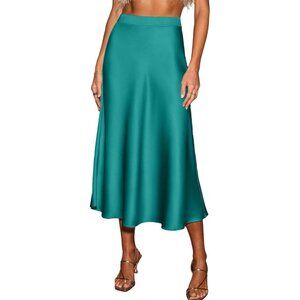 Women's Green Satin Flowy A Line Cocktail High Waist Long Midi Outfits Skirts